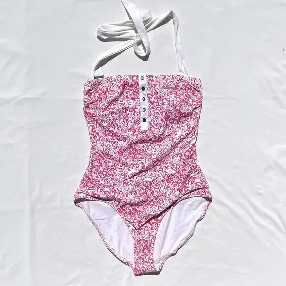 Lilly Pulitzer One Piece Halter Swimsuit Womens 14 Pink White Sea Animal Print - Picture 3 of 9